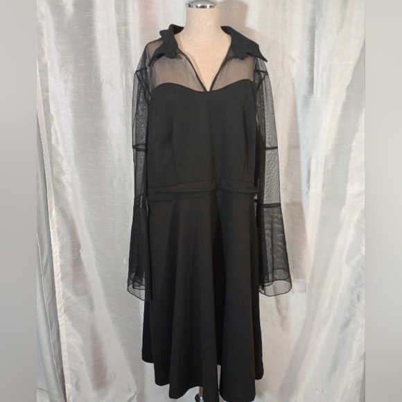 Long Bell-Sleeved Midi Dress Black:See Thru bodice +Sleeves, Waved collar,4X - Picture 2 of 12